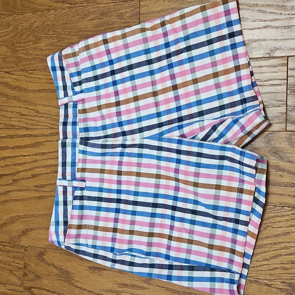 Lands End Women's Mid-Rise Plaid Shorts Pink Blue Brown on White Sz 8